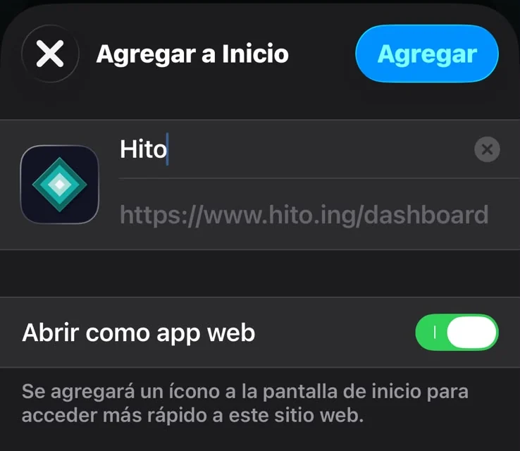 Pantalla Agregar a Inicio con el ícono de Hito, el nombre Hito y el interruptor Abrir como app web encendido