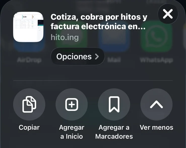 Menú Compartir de Safari con los botones Copiar, Agregar a Inicio, Agregar a Marcadores y Ver menos