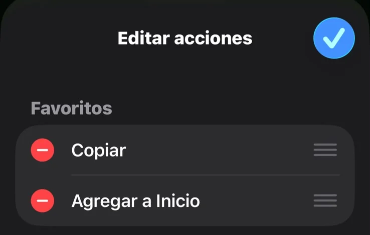 Pantalla Editar acciones con Copiar y Agregar a Inicio en la lista de favoritos